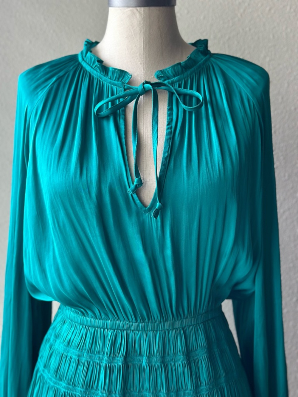 Current Air Teal Pleated Long-Sleeve Tie-Neck Dress - Picture 3 of 7